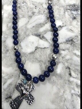 Lapis & Silver Hammered CROSS Necklace * NEW*